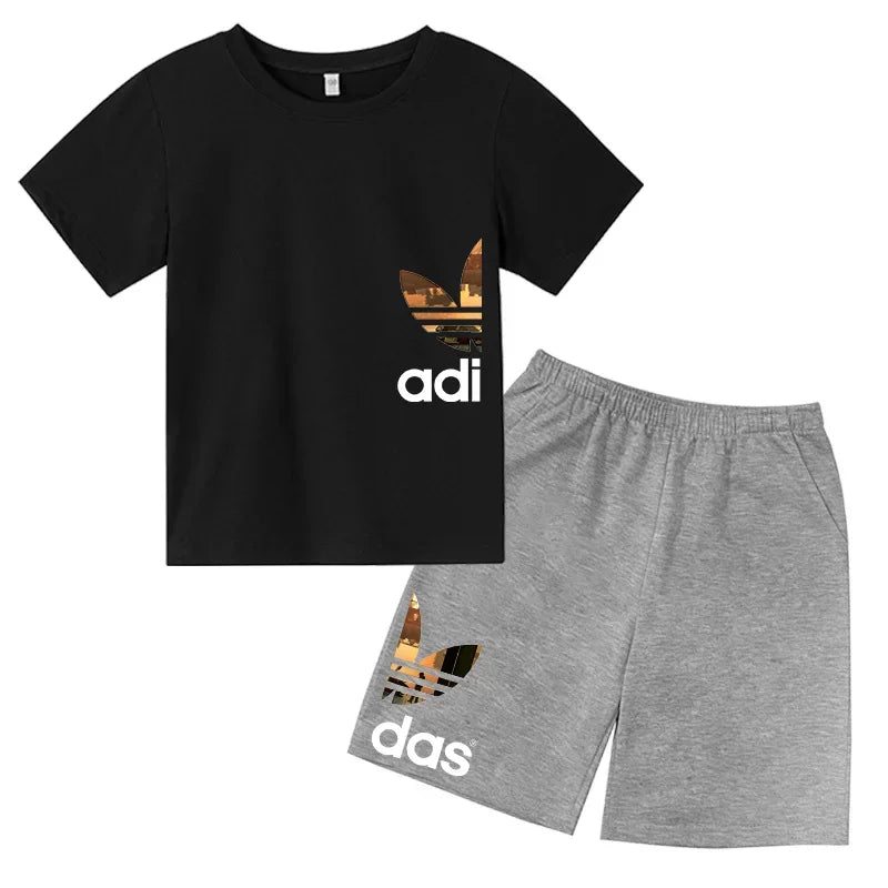Summer 3-13Y Kids Fashion Creative Sports Outdoor Print Short Sleeve T-Shirt & Shorts Set - Stylish Children's 2-Piece Activewea