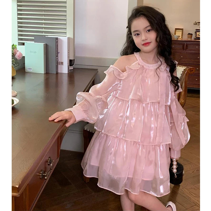 2025 Summer New Girls Dress Pink Off Shoulder Long Sleeve Halterneck Princess Dress For 2-10 Years Teen Girls Grace Fashion Dres