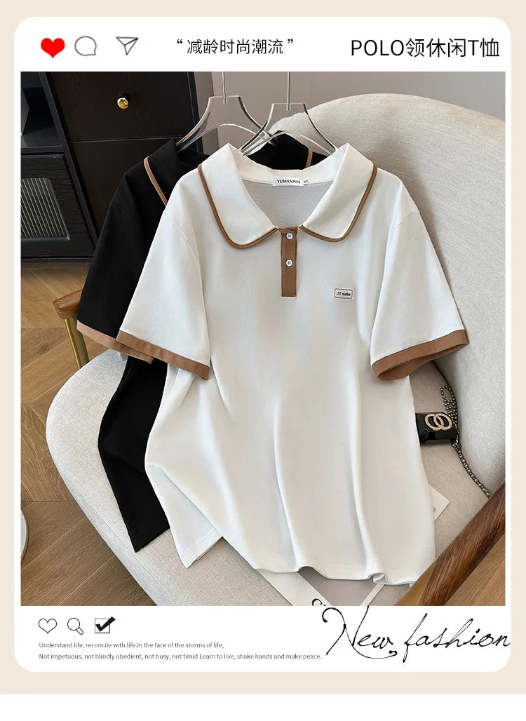 175Kg Plus Size Women's Bust 170 Summer Loose Lapel Top Short Sleeve T-Shirt Black White 6XL 7XL 8XL 9XL 10XL 11xl