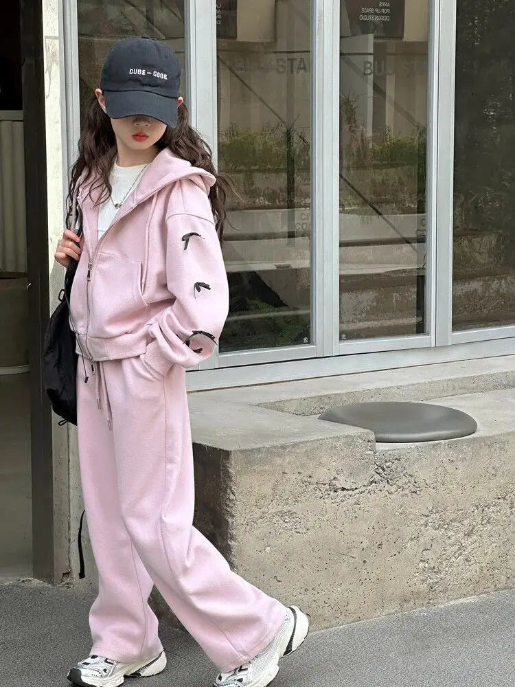 2026 casual spring winter girl cloth bow loose striped heart sweatshirt + wide leg pant teens children set 4 8 10 12 14 15 year