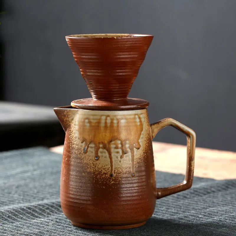 Retro coarse pottery coffee pot drip brewing set gradual change manual filter cup V60 hand brewing coffee set