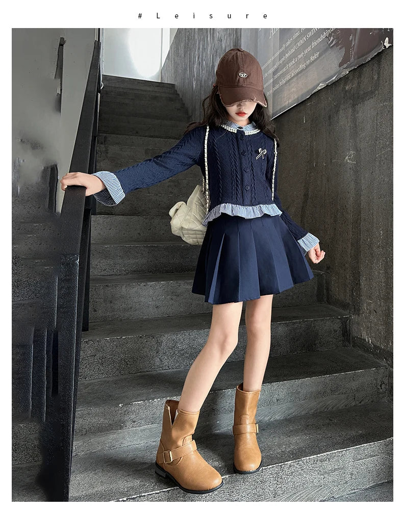 teen girls college style clothes set Striped patchwork ruffle hem tops jacket+Pleated skirt 2pcs junior kids suit child outfits