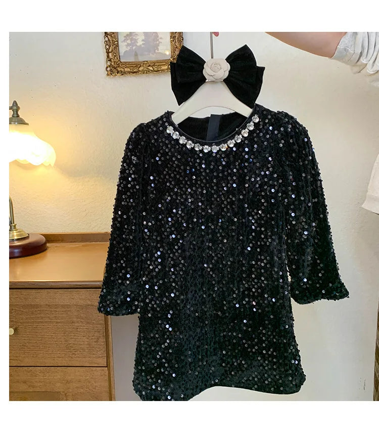 Girls' Dress Winter New Foreign Style Girls Velvet Princess Dress Children's Fashionable Sequined Heavy Industry Dress