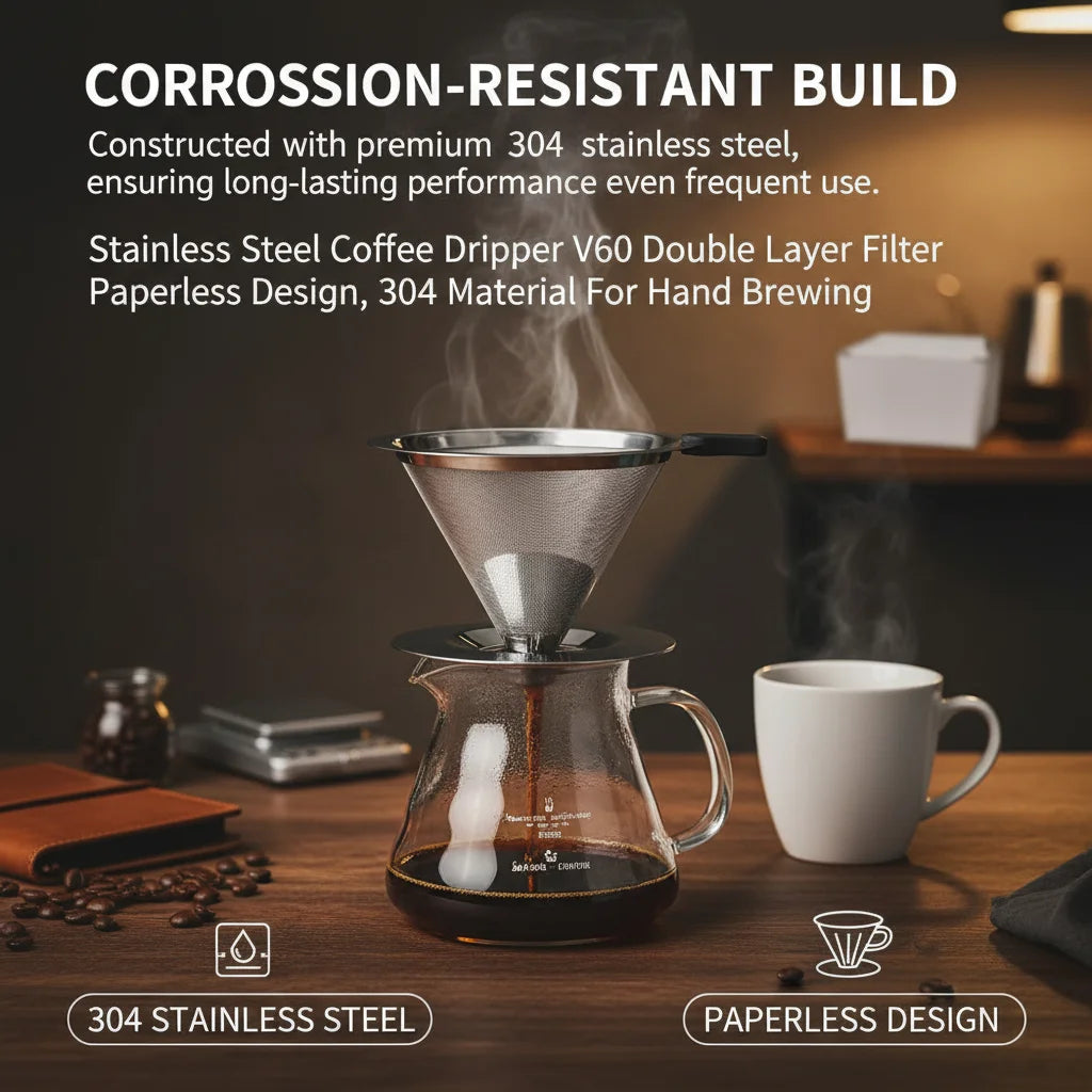 V60 Stainless Steel Coffee Filter Cone Double Layer Paperless Design 304 Material for Pour Over Brewing Large Capacity