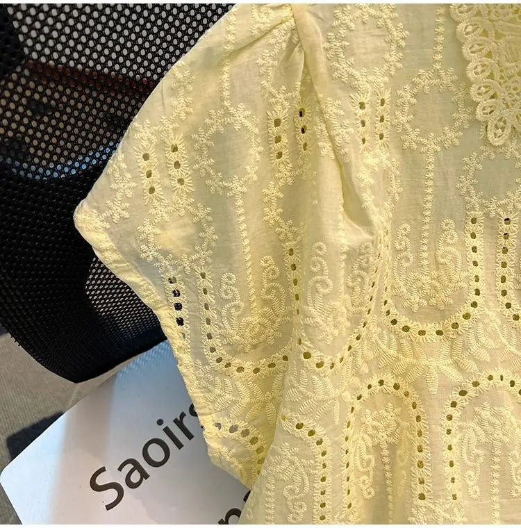 Elegant European Summer 2025 New Design Sense Small Hollow out Embroidery  Collar Top Versatile Match Korean Style Loose Fit