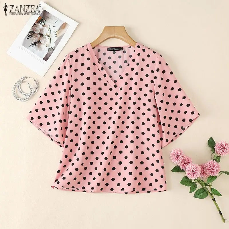 ZANZEA Elegant Woman Polka Dot Blouses Vintage V-Neck Half Bell Sleeves Loose Tops 2026 Summer Vacation Casual Blusas de Mujer