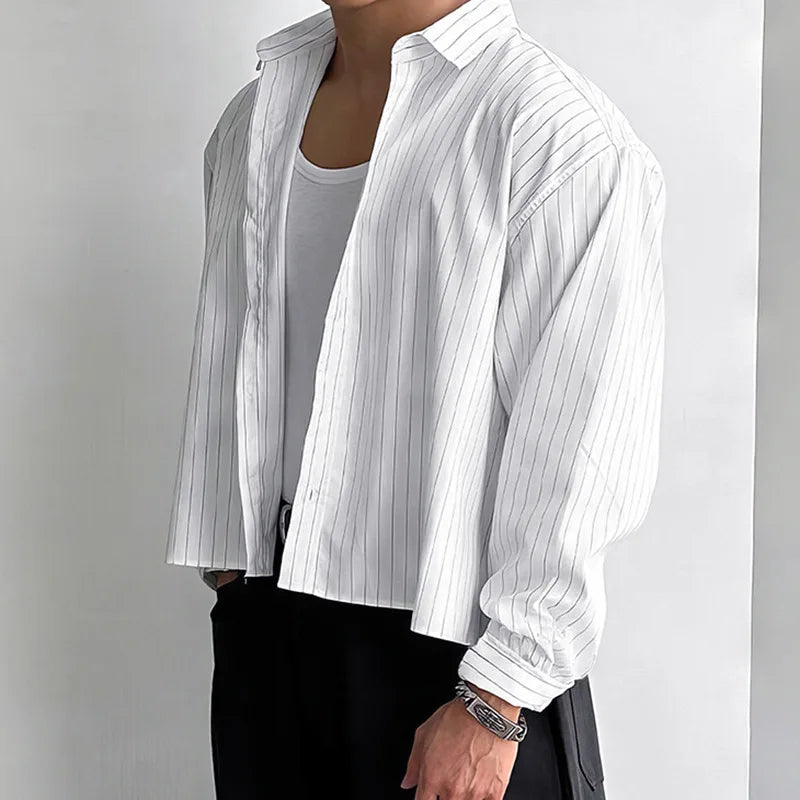 New British Retro Men Striped Shirts Trendy Loose Lapel Long Sleeve Cardigan Tops Autumn Leisure High Quality Basic Blouse S-2XL