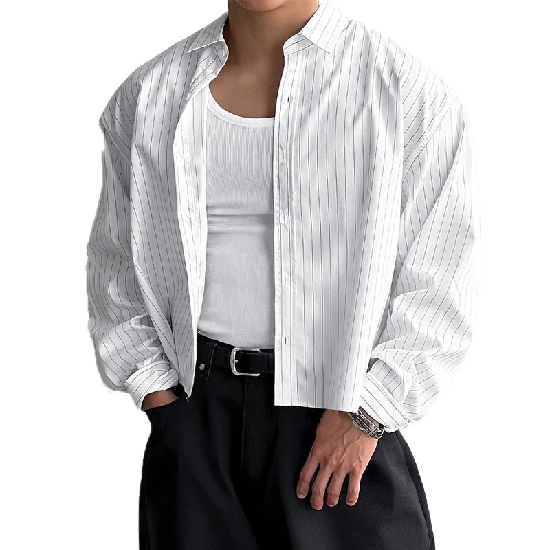 New British Retro Men Striped Shirts Trendy Loose Lapel Long Sleeve Cardigan Tops Autumn Leisure High Quality Basic Blouse S-2XL