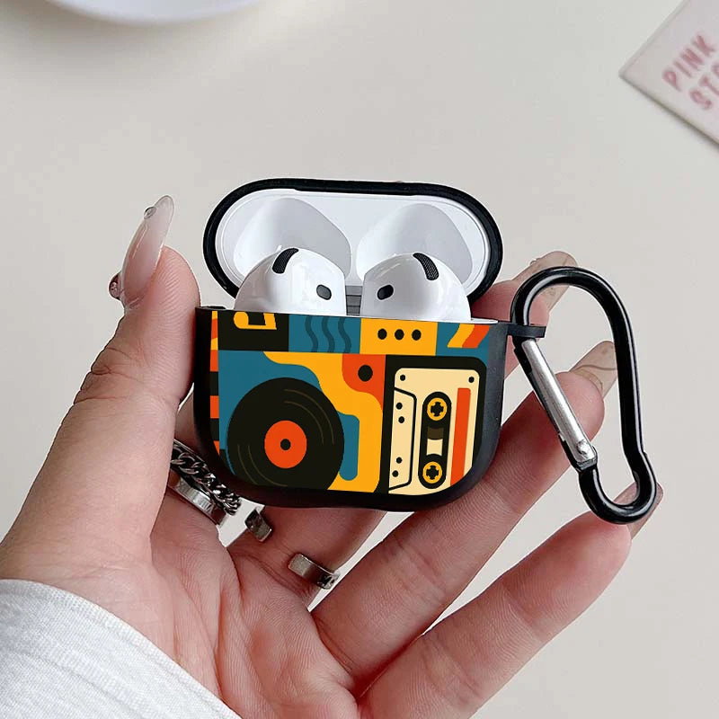 Trendy Retro Music Pattern Earbuds Case For AirPods 4/3/2/1 Case For AirPods Pro 3/Pro 2/Pro TPU Protective Cover with Keychain