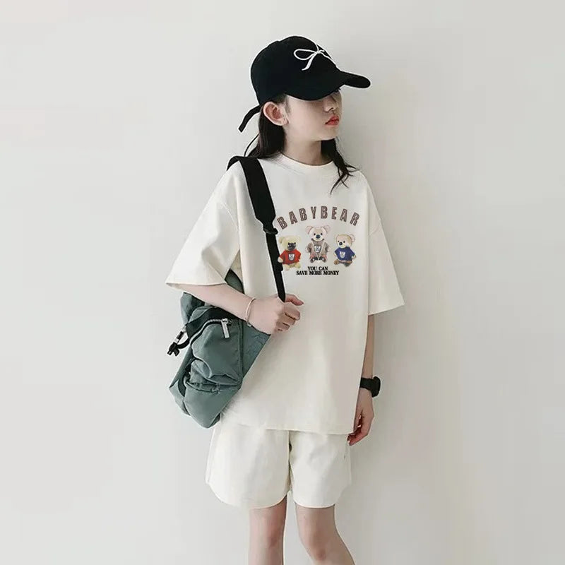 2026 SUMMER children set Girls Clothes sport tracksuit teenager bear letter T-shirt + shorts hot pant 4 5 7 8 9 10 11 12 years