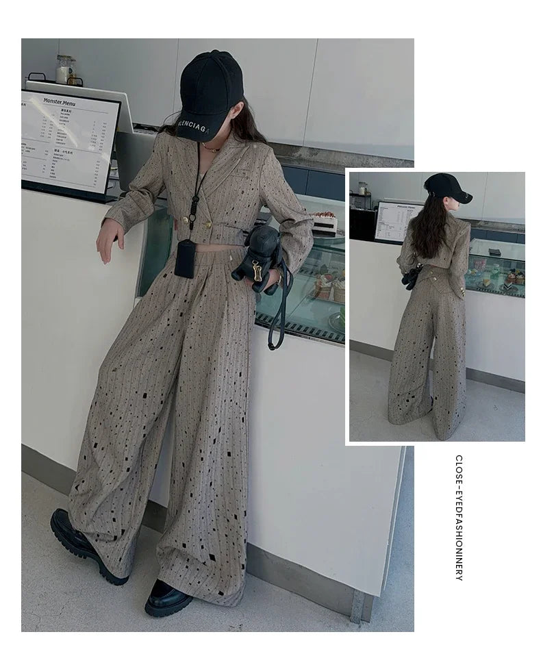 chic teenage girls clothes set Design short suit jacket+Customized ripped wide leg pants 2pcs junior kids suit child outfits 12