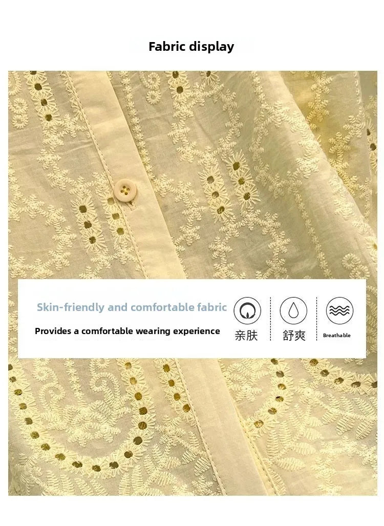 Elegant European Summer 2025 New Design Sense Small Hollow out Embroidery  Collar Top Versatile Match Korean Style Loose Fit