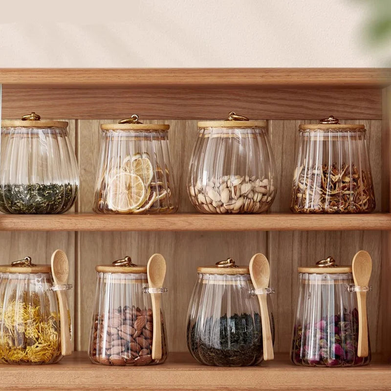 Food Container Kitchen Storage Bottles Glass Airtight Canister Grains Tea Coffee Beans Grains Candy Jars with Wood Lid and Spoon