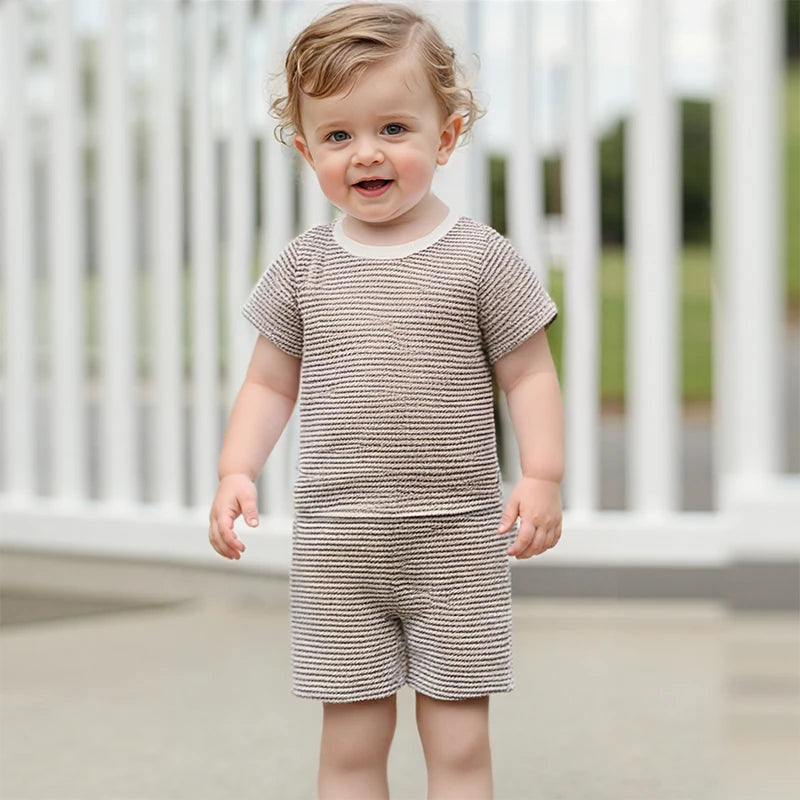 2024-12-30 Lioraitiin Toddler Baby Boys Summer Outfit Waffle Striped Short Sleeve T-shirt Elastic Waist Shorts Set