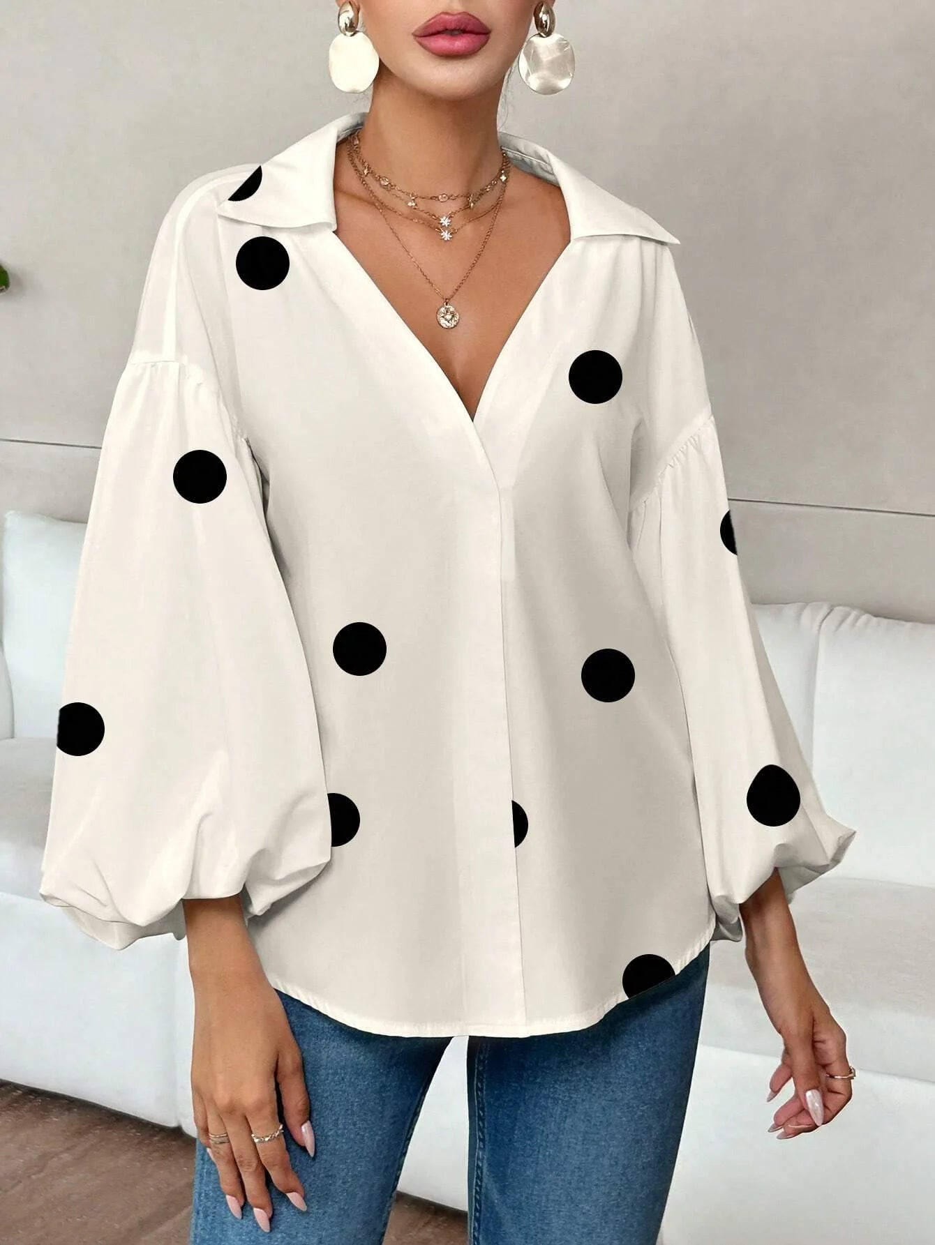 Boho Women's Blouses Spring Fall New Fashion French Polka Dot Half-neck Design Loose Puff Long-sleeve Top Casual Shirts Women