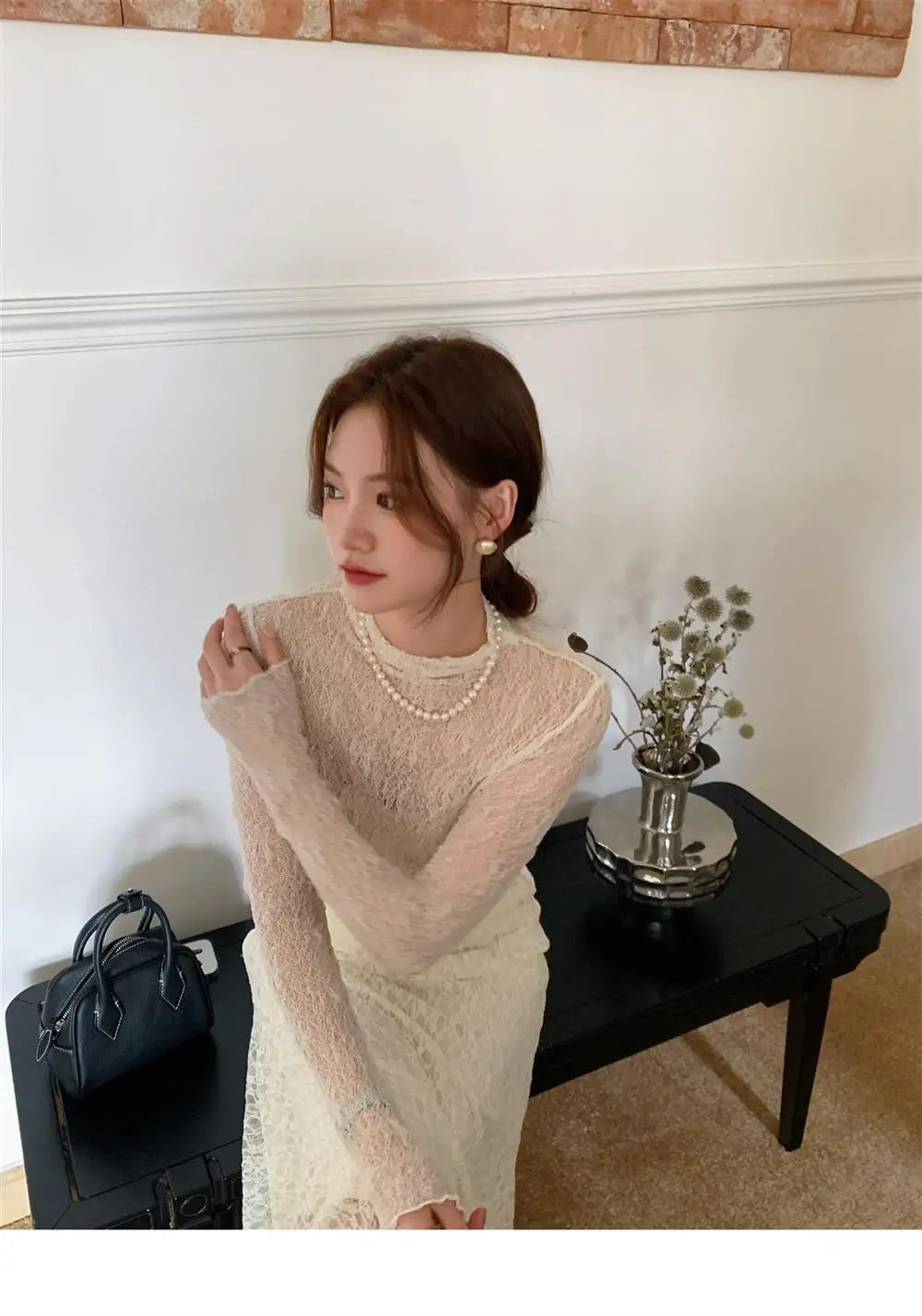 Sexy Lace Shirt Half High Collar Mesh Thin Long Sleeve Floral Embroidery Slim Fit Top Transparent Design Fashionable Spring 2024