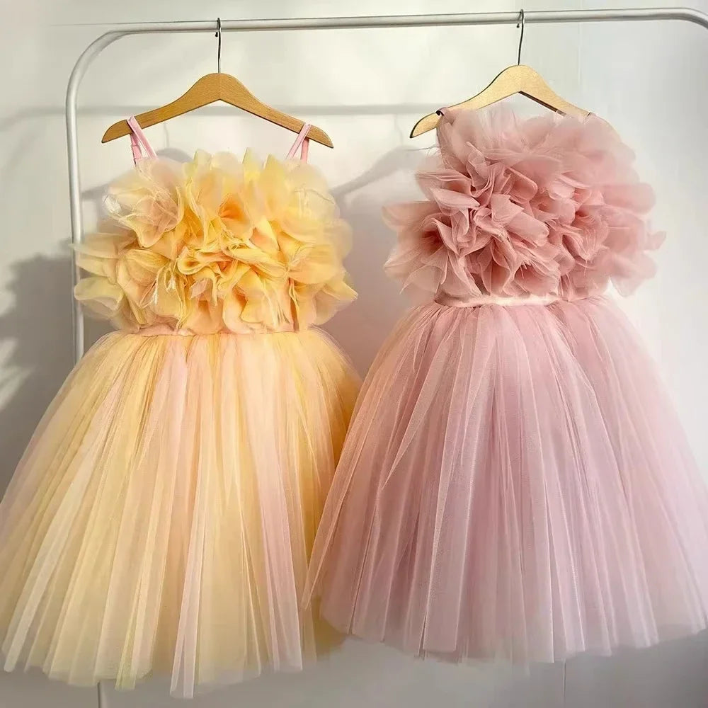 Girl Clothes Children's Flower Dress Wedding Princess Dresses Little Girls Pink Blue Strap Tulle Tutu Skirt Purple Spaghetti