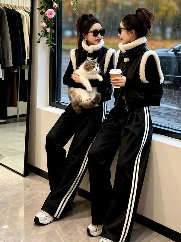 Autumn Winter Thickened Plush Patchwork Zipper Short Vest Women's High Waist Casual Wide Leg Pants Set Fashionable Cool