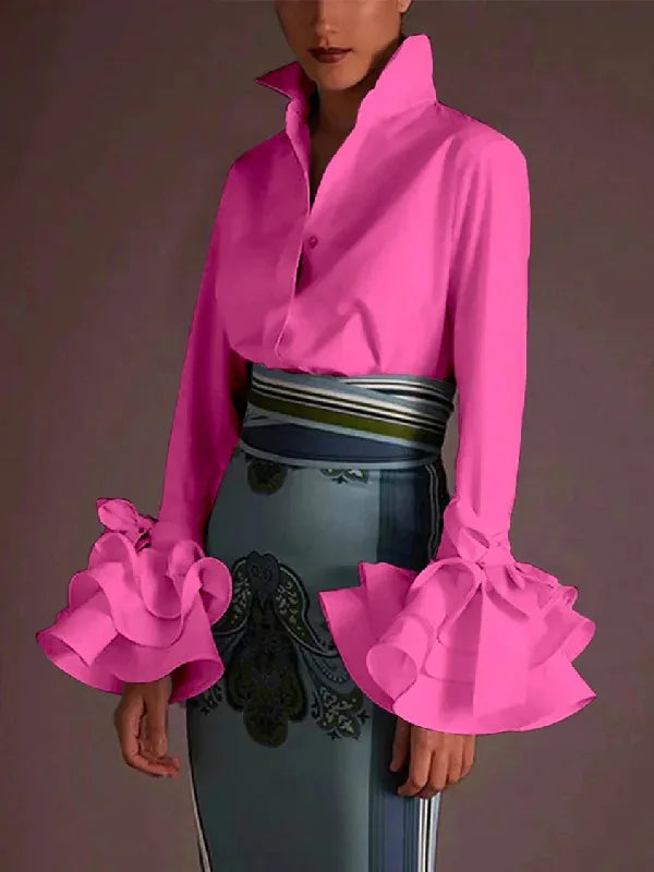 shirts & blouses Women Elegant Flared Sleeves Falbala Blouses Tops Spring Autumn  Casual Solid Office Lapel Buttons Shirts Tops