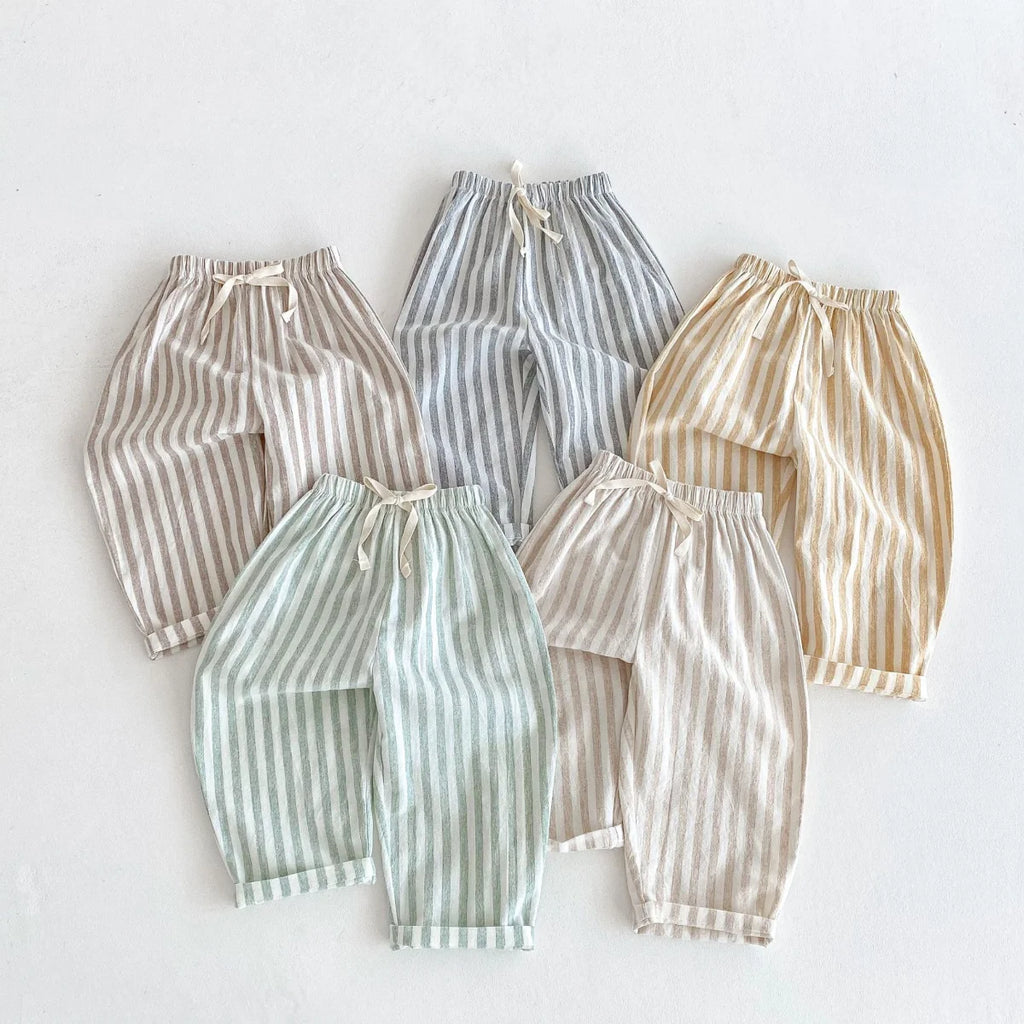 Spring Summer Boys Striped Loose Pants Baby Girl Vintage Casual Linen Cotton Harlan Pants Kids Lace-up Pant Children Clothing