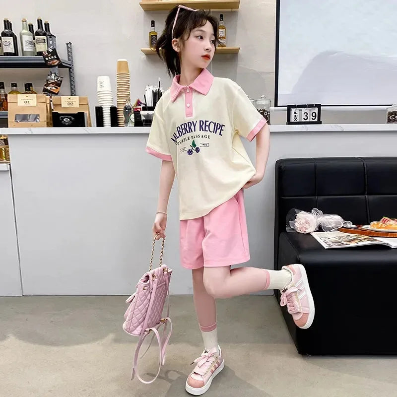 Summer Teenage Girls Clothes Set Children O-Neck Tshirt and Pleats Skirts Suit Student School Short Sleeve Tee Bottom Outfits