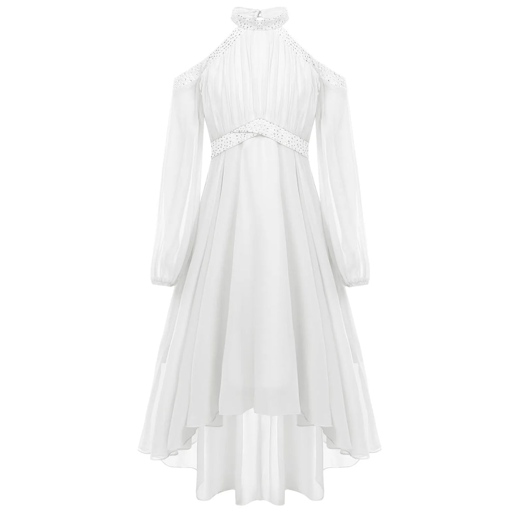 Kids Girls Elegant Party Dress Halter Off-shoulder High Waist Ruffled Chiffon Dresses Wedding Birthday Pageant Evening Prom Gown