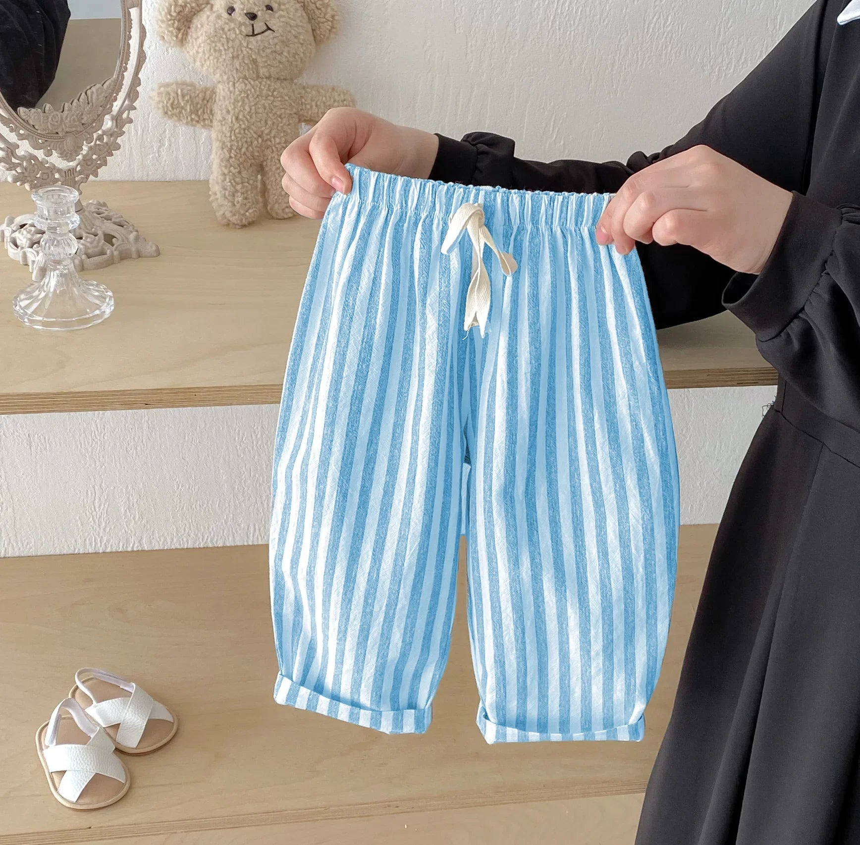 Spring Summer Boys Striped Loose Pants Baby Girl Vintage Casual Linen Cotton Harlan Pants Kids Lace-up Pant Children Clothing