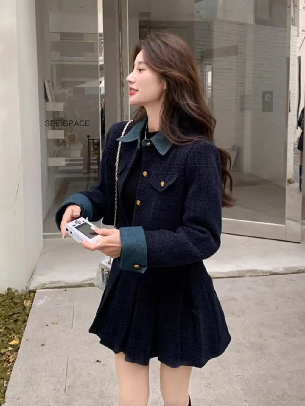 Women's Autumn Winter Short Splicing Coat High Waist Pleated Skirt Set Korean Style Floral Print Breathable Polyester Fiber
