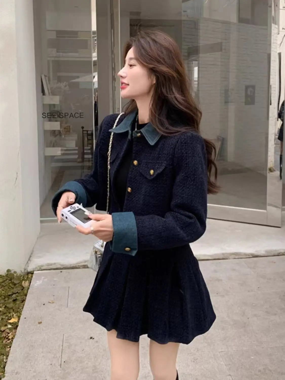 Women's Autumn Winter Short Splicing Coat High Waist Pleated Skirt Set Korean Style Floral Print Breathable Polyester Fiber