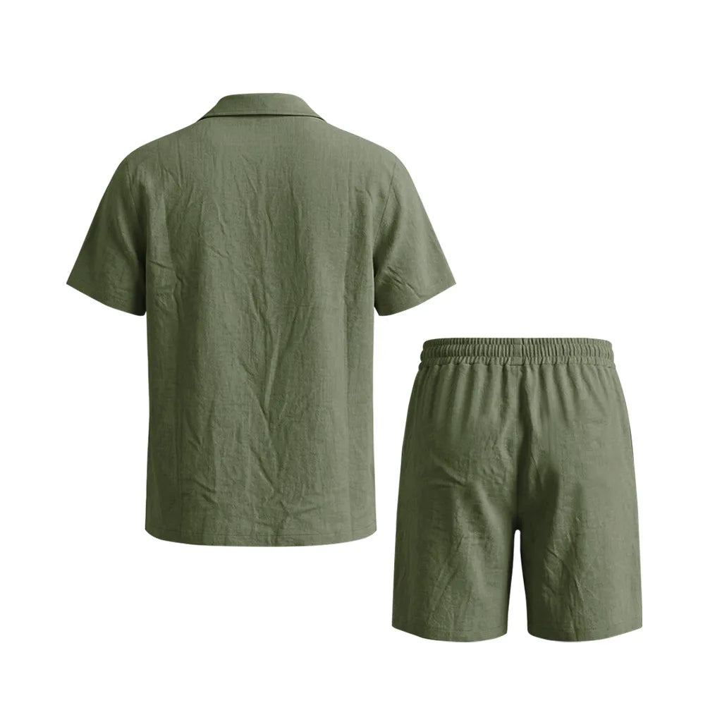 2 Pcs Sets Men's Summer Linen Polo and Shorts Simple Casual Beach Clothing Set Shirts Comfortable Hawaii Wear