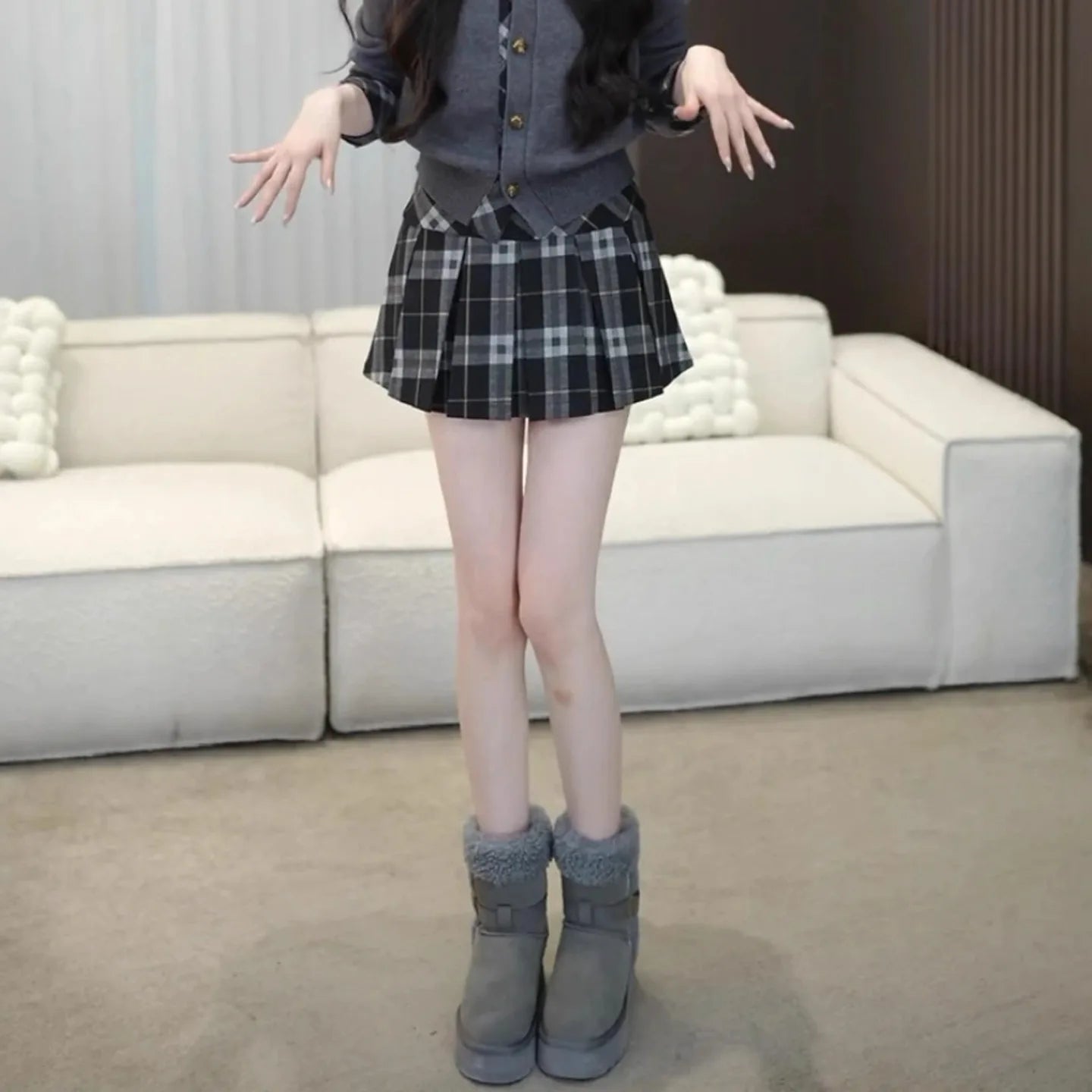 Women's Preppy Style Knitted Cardigan And Plaid  Skirt Two-Piece Set Single Button Spring Fashion College Wind Ensemble