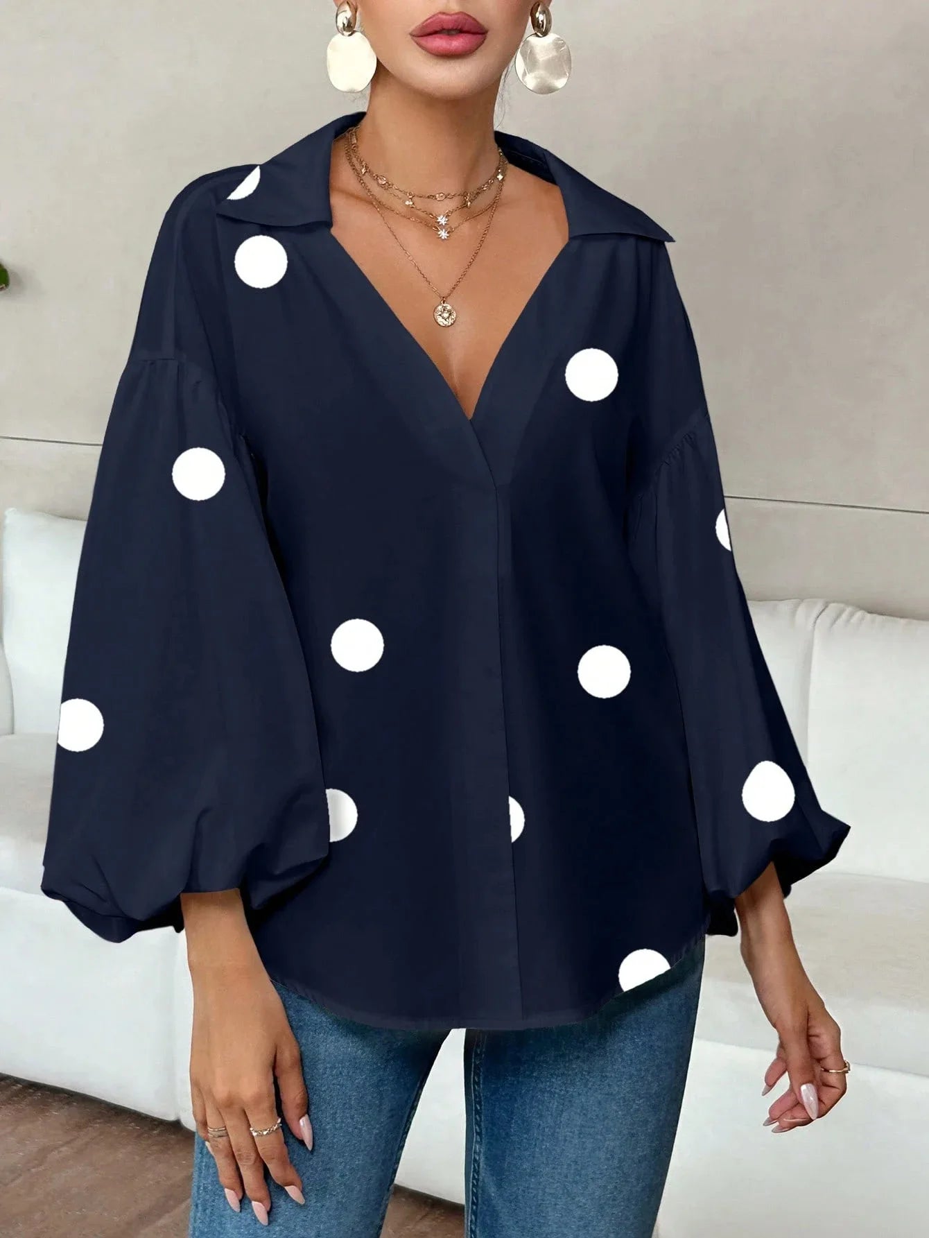 Boho Women's Blouses Spring Fall New Fashion French Polka Dot Half-neck Design Loose Puff Long-sleeve Top Casual Shirts Women