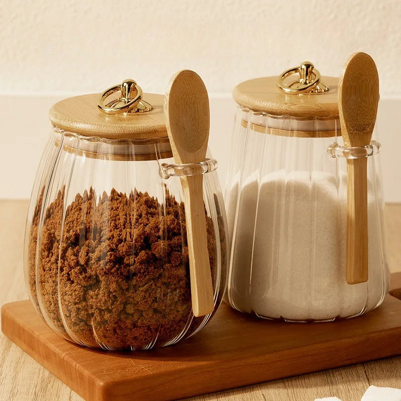 Food Container Kitchen Storage Bottles Glass Airtight Canister Grains Tea Coffee Beans Grains Candy Jars with Wood Lid and Spoon
