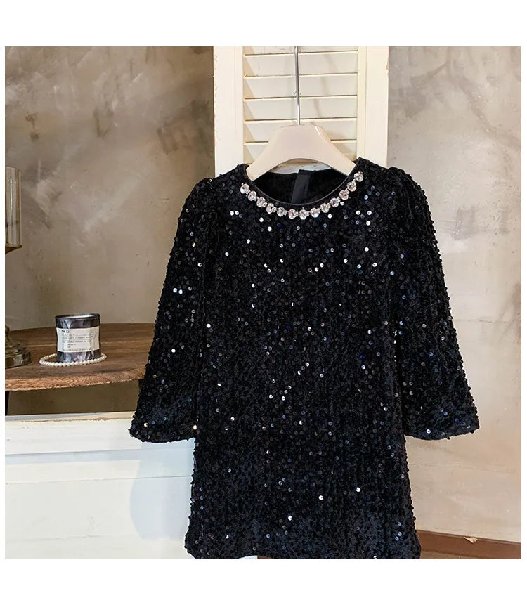 Girls' Dress Winter New Foreign Style Girls Velvet Princess Dress Children's Fashionable Sequined Heavy Industry Dress