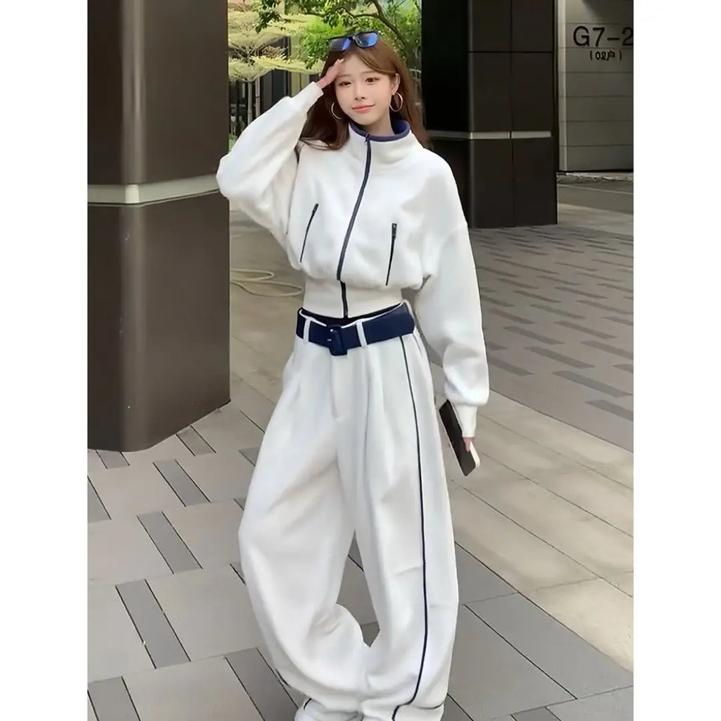 Korean Style Fashionable Set Women's Autumn Winter Design Collar Top Wide Leg Pants Two Piece Set Casual High Waist Polyester...