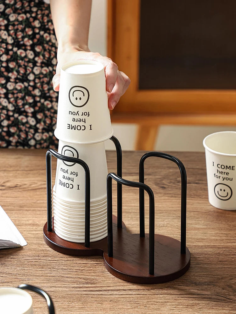Wooden Disposable Cup Dispenser with Long Stick Tea Water Cup Storage Holder Rack Shelf Mug Display Stand Organizer for Home