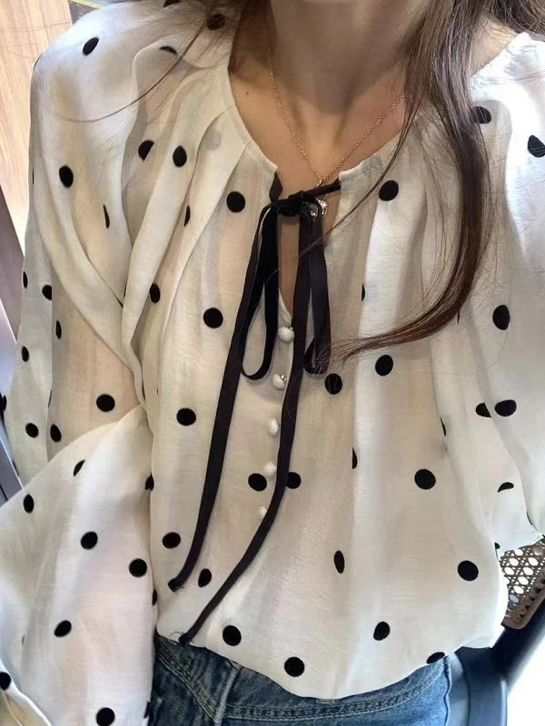 Sweet French Style Polka Dot Bubble Sleeve Sun Protection Shirt Women Spring Summer Fashion Anti Aging Doll Top Silk Blouse