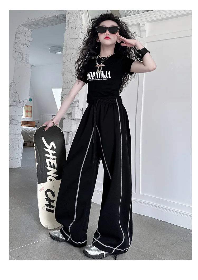 Summer teen girl Hip Hop Jazz Street Dance Costume Suit Cool Print Hollow Short T-shirt+Casual Sports Pants Set Child Outfits