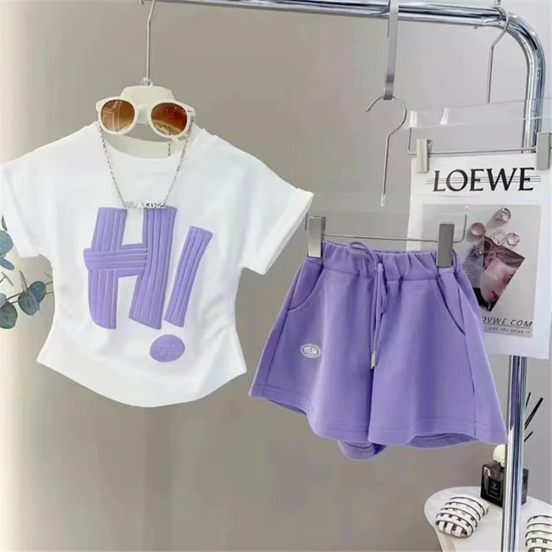 New Girls Short Sleeve Sets Summer Letter T-Shirt Tops+Shorts 2Pcs Suits Kids Clothes Sport Casual Straight Outfits 3-12 Years
