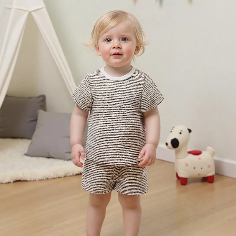 2024-12-30 Lioraitiin Toddler Baby Boys Summer Outfit Waffle Striped Short Sleeve T-shirt Elastic Waist Shorts Set