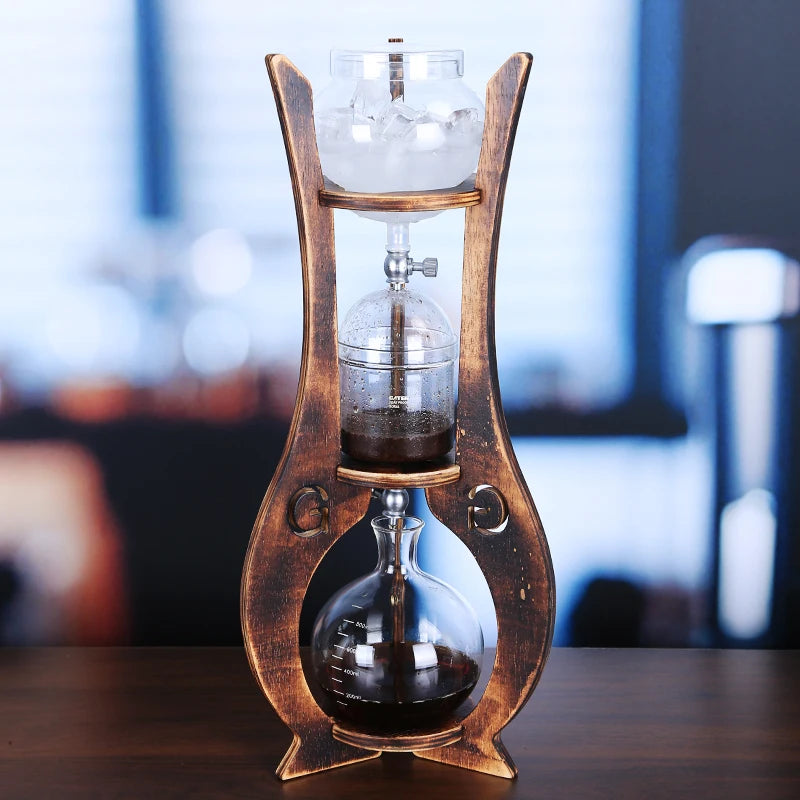 Home Wooden Stand Borosilicate Glass Ice Drop Pot Iced Cold Tower Drip Commercial Cold Brew Coffee Maker