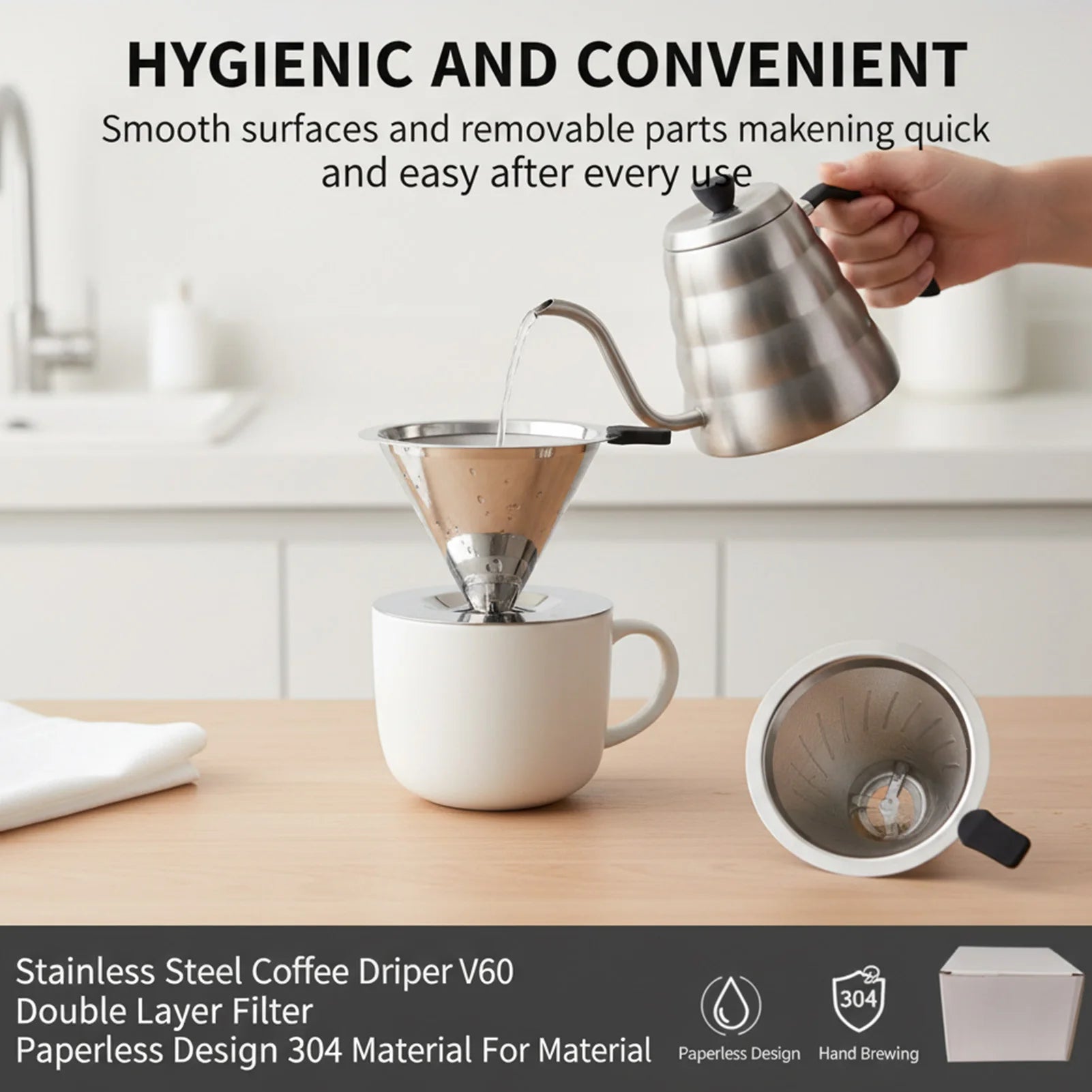 V60 Stainless Steel Coffee Filter Cone Double Layer Paperless Design 304 Material for Pour Over Brewing Large Capacity