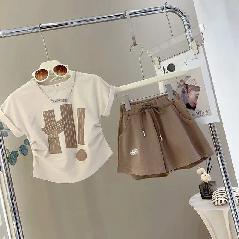 Teen Girls Clothing Set Summer New Letter Print Short-sleeved Tops+Shorts 2Pcs Suit For 4-12 Years Kids Casual Tracksuit Outfits