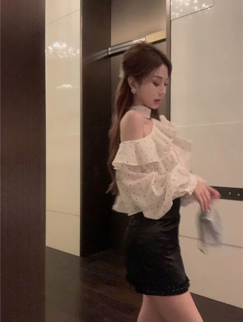 French Style Halter Neck Polka Dot Chiffon Shirts Woman Elegant Off Shoulder Ruffle Blouses Ladies Korean All-Match Trend Blusas