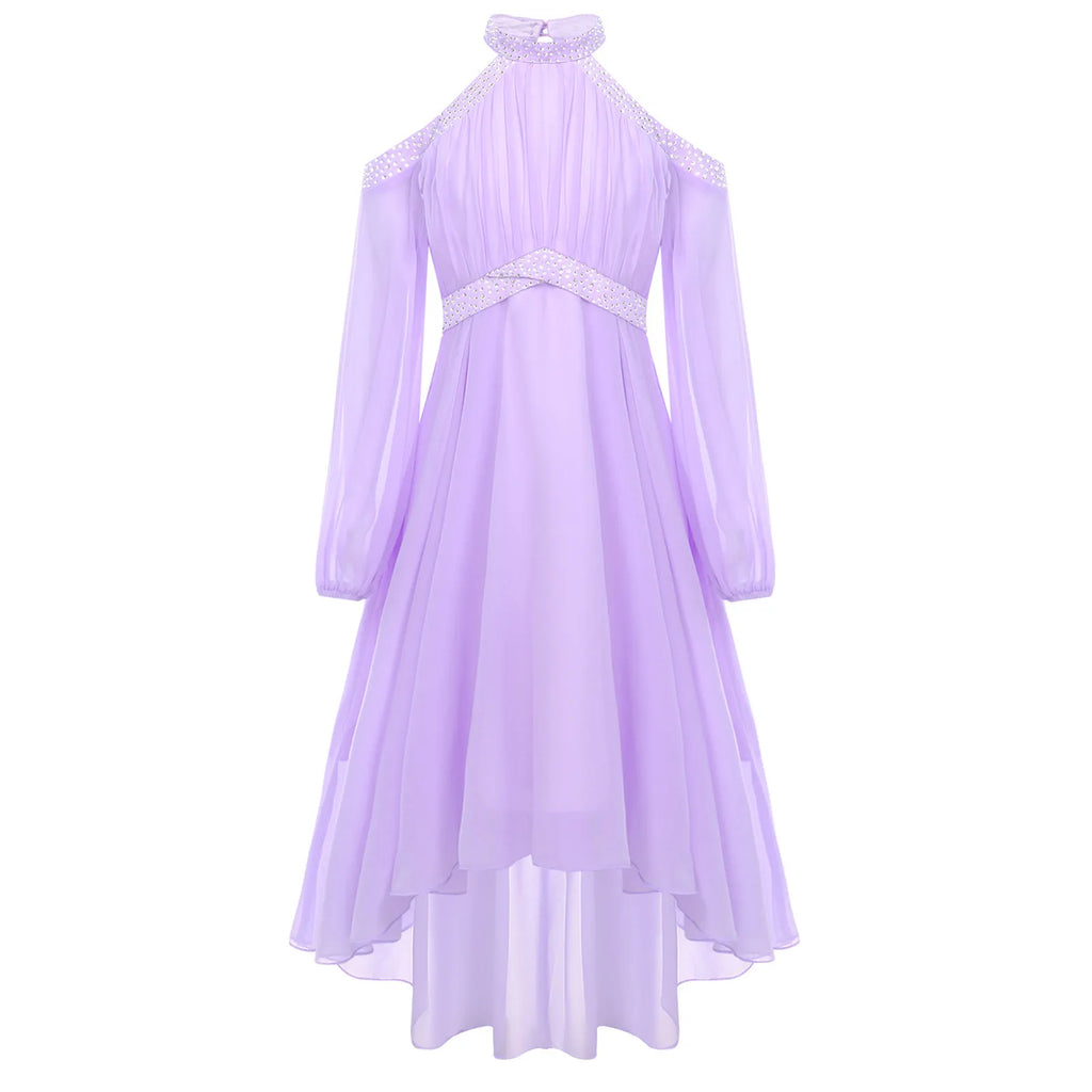Kids Girls Elegant Party Dress Halter Off-shoulder High Waist Ruffled Chiffon Dresses Wedding Birthday Pageant Evening Prom Gown