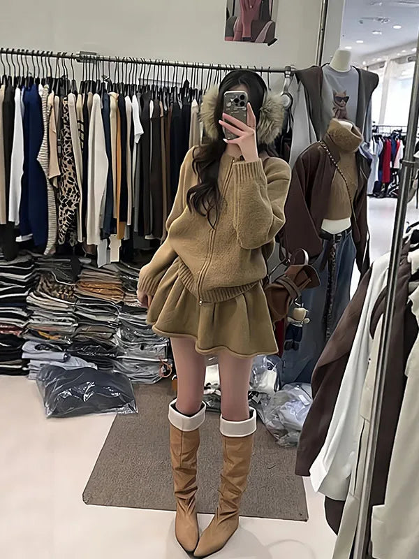 Korean Style Women's Knitted Cardigan And Short Skirt Two-Piece Set Warm And Fashionable Autumn Winter Outfit High Waist Skirt