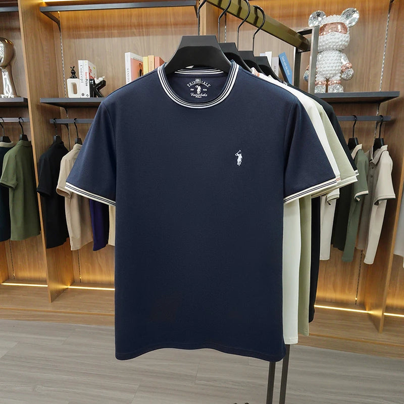 Summer New Cotton Men's Light Luxury Embroidered Versatile Round Neck Loose Short Sleeved Top