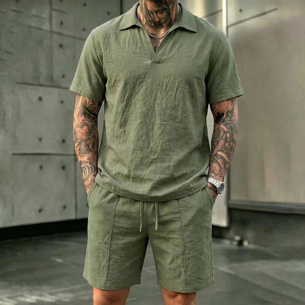 2 Pcs Sets Men's Summer Linen Polo and Shorts Simple Casual Beach Clothing Set Shirts Comfortable Hawaii Wear