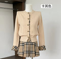 Stylish Korean Style Early Spring Plaid Pleated Skirt And Knitted Sweater Set Women's Fashion