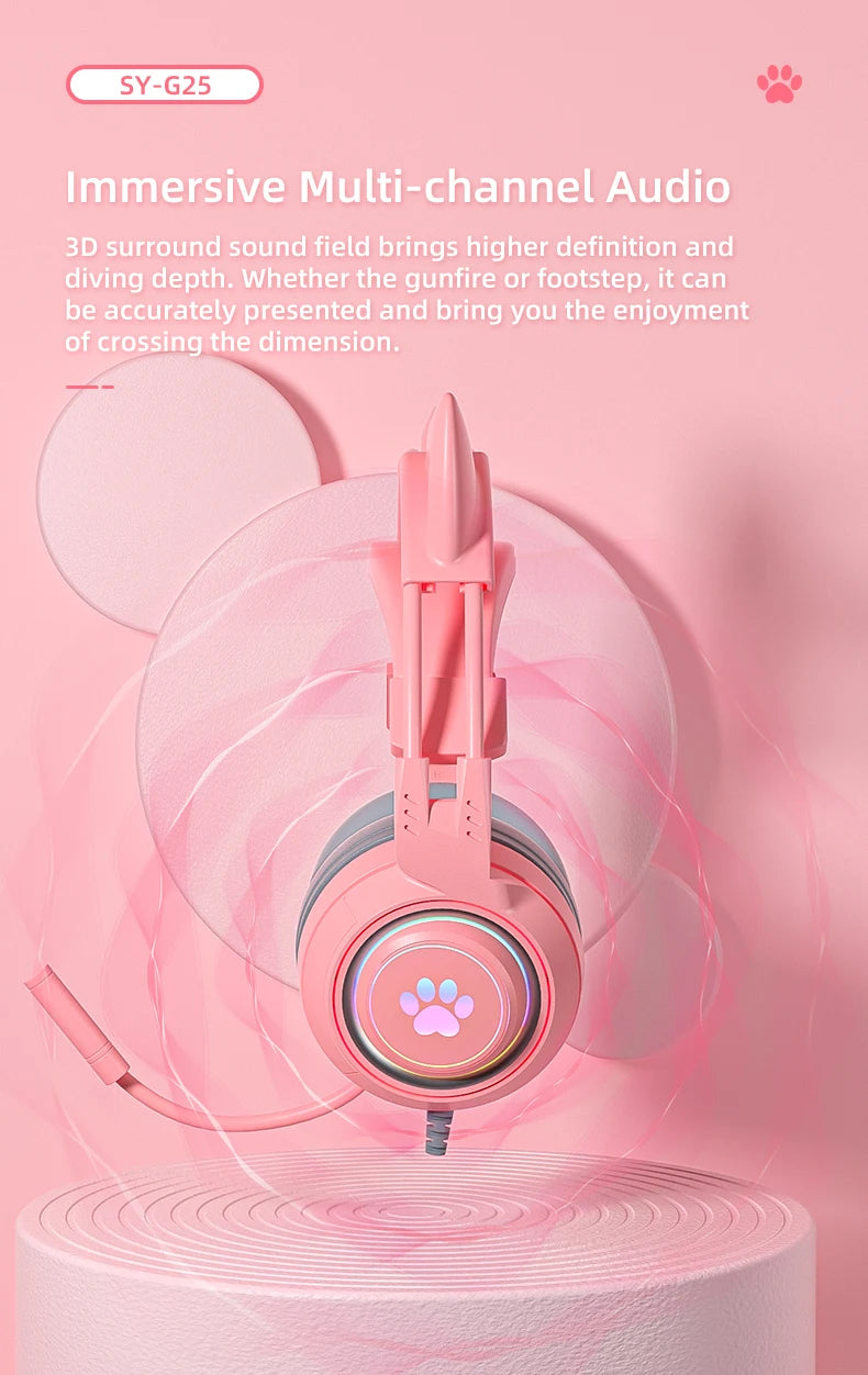 pink Gaming Headset for PC, PS4, PS5, Laptop 3.5mm Noise Reduction with Mic Noise Cancelling, LED Light for Girls, Women